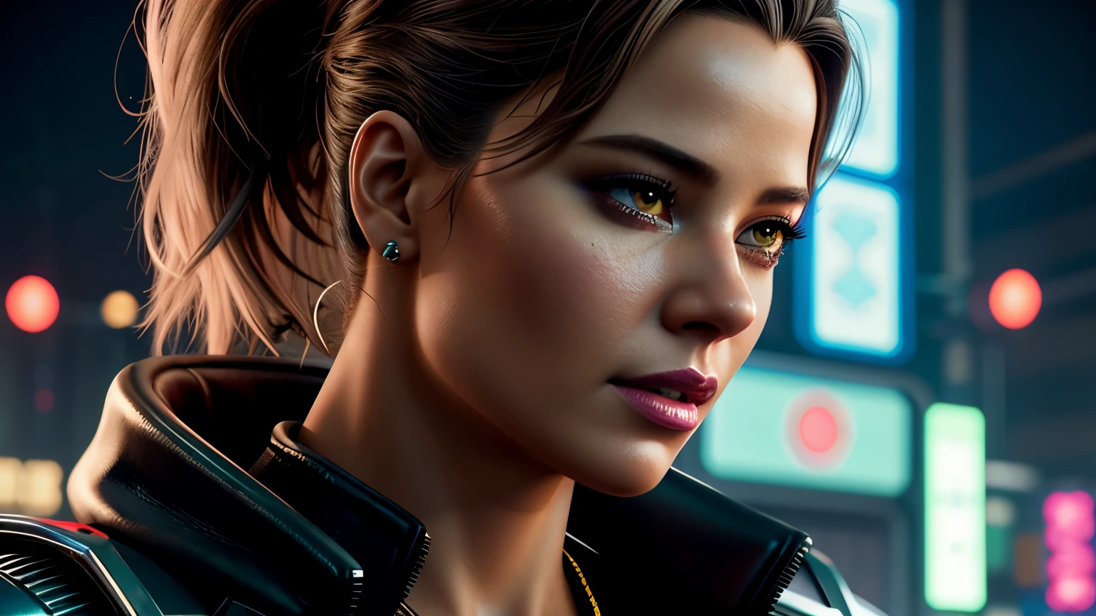 close-up portrait of Sofia Vergara, detailed character concept art, inspired by Magali Villeneuve, realistic, fantasy character portrait, cyberpunk, Unreal Engine 5, RPG style, trending on ArtStation, CGSociety quality, bokeh background, soft focus, 35mm lens, leather jacket, intricate leather texture, cyberpunk outfit, confident gaze, Alexandra Fomina's art style, ((masterfully crafted cyberpunk clothes, expressive eyes, strong posture), professional photograph, dynamic pose, high fidelity textures), cinematic lighting, eye catching colors, volumetric neon lightning, vivid neon lights, vivid colors, close Eye-Level Shot, HD, high fidelity fx, octane render, nintendo artwork