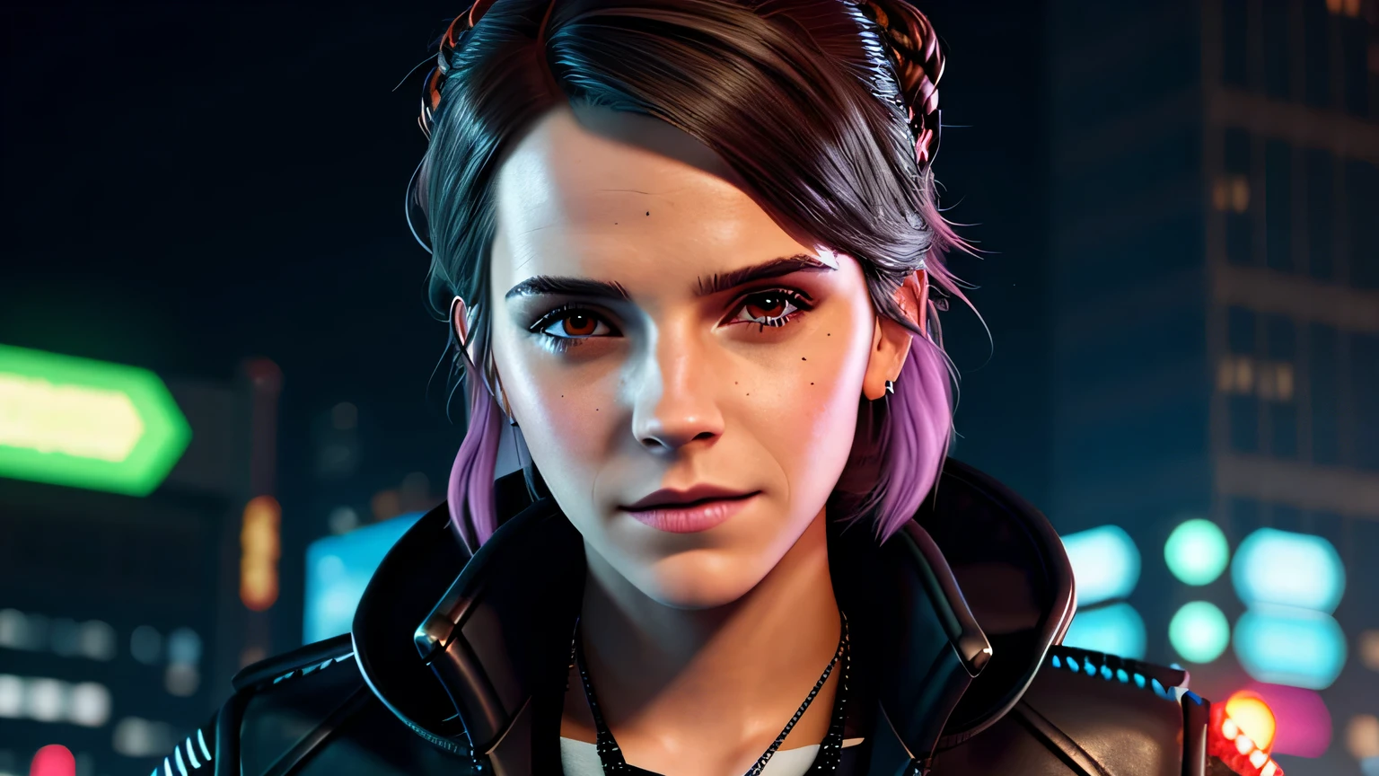 retrato em close de Emma Watson, arte conceitual detalhada do personagem, inspirado em Magali Villeneuve, realista, retrato de personagem de fantasia, Ciberpunk, motor irreal 5, estilo RPG, trends on artstation, Qualidade da CGSociedade, Fundo Bokeh, foco suave, Lente de 35 mm, jaqueta de couro, textura de couro complexa, Ciberpunk outfit, olhar confiante, Estilo de arte de Alexandra Fomina, ((masterfully crafted Ciberpunk clothes, olhos expressivos, postura forte), fotografia profissional, Dynamic Posture, Texturas de alta fidelidade), cinematic lighting, cores atraentes, volumetric neon lightning, vivid neon lights, cores vivas, close up photo at eye level, High definition, efeitos de alta fidelidade, Octane rendering, arte da nintendo