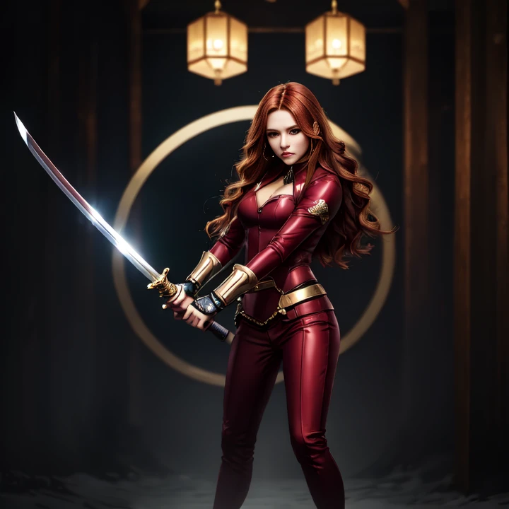  woman holding a sword in her hand, she is holding a katana, katana, a beautiful woman warrior,sexy, redhead, long hair, beautiful, high res, full body,8k, golden gauntlets, sharp, detailed, seductive face, detailed face