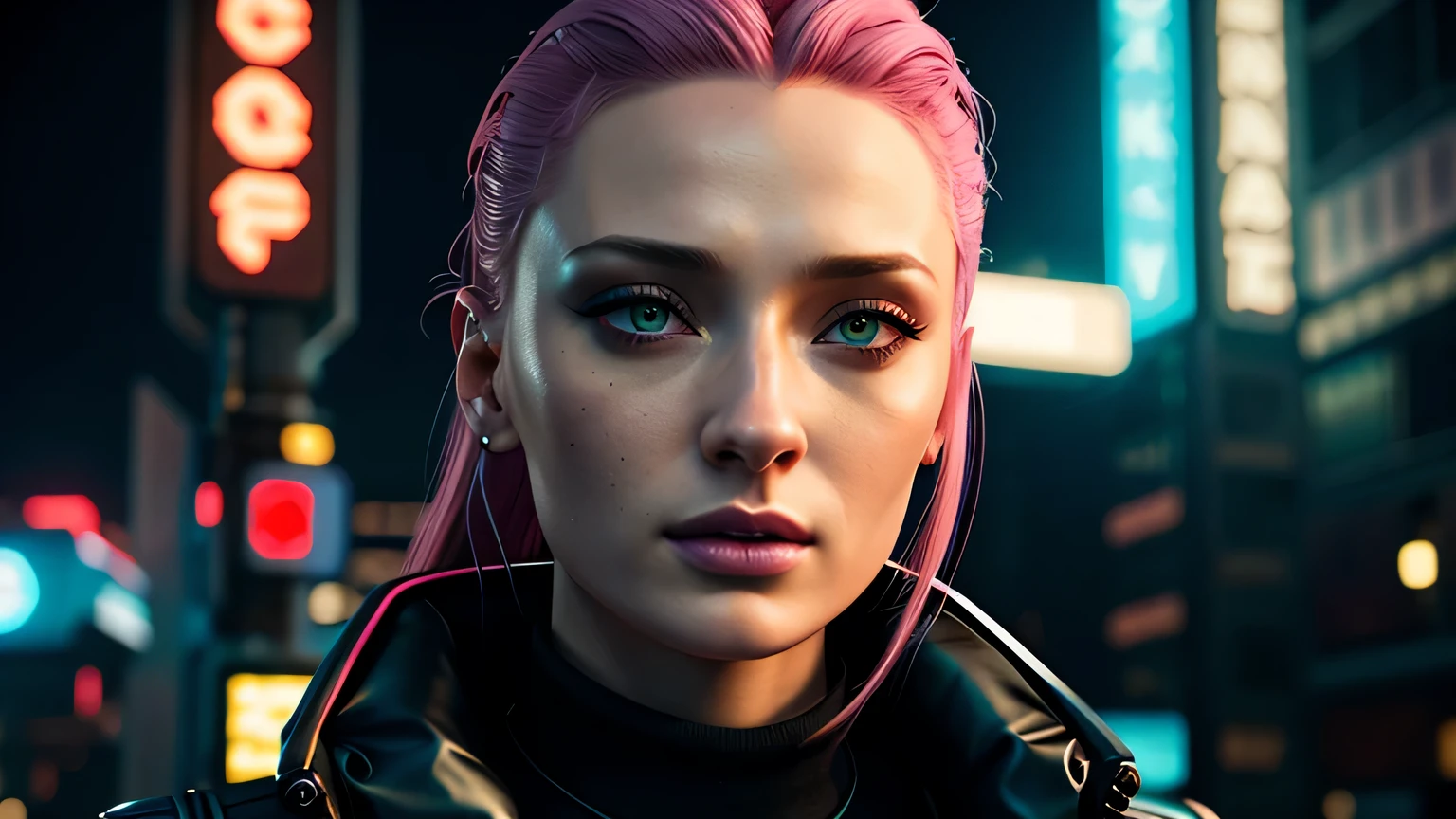 retrato em close de Sophie Turner, arte conceitual detalhada do personagem, inspirado em Magali Villeneuve, realista, retrato de personagem de fantasia, Ciberpunk, motor irreal 5, estilo RPG, trends on artstation, Qualidade da CGSociedade, Fundo Bokeh, foco suave, Lente de 35 mm, jaqueta de couro, textura de couro complexa, Ciberpunk outfit, olhar confiante, Estilo de arte de Alexandra Fomina, ((masterfully crafted Ciberpunk clothes, olhos expressivos, postura forte), fotografia profissional, Dynamic Posture, Texturas de alta fidelidade), cinematic lighting, cores atraentes, volumetric neon lightning, vivid neon lights, cores vivas, close up photo at eye level, High definition, efeitos de alta fidelidade, Octane rendering, arte da nintendo