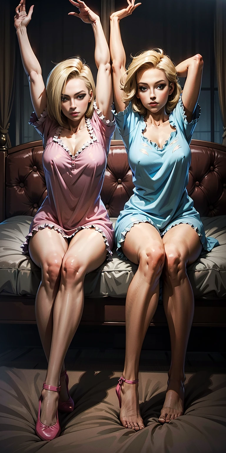 2girls (twins), sitting on red bed , arms raised in the air , front view, cute, android 18, blonde hair, shor hair, wearing pink nightgown
