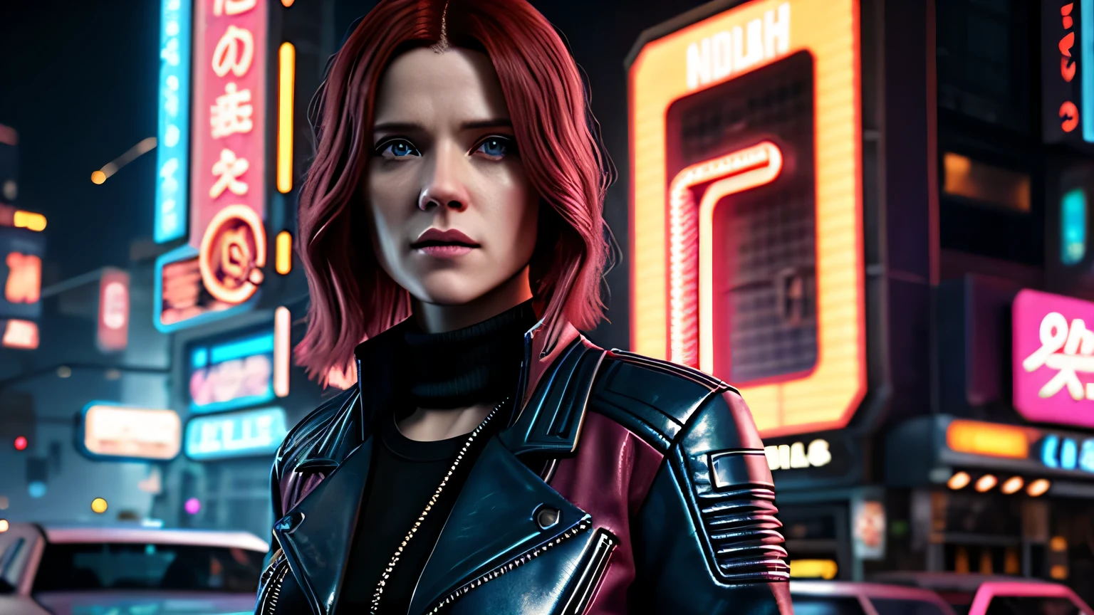 retrato em close de Rose Leslie, arte conceitual detalhada do personagem, inspirado em Magali Villeneuve, realista, retrato de personagem de fantasia, Ciberpunk, motor irreal 5, estilo RPG, trends on artstation, Qualidade da CGSociedade, Fundo Bokeh, foco suave, Lente de 35 mm, jaqueta de couro, textura de couro complexa, Ciberpunk outfit, olhar confiante, Estilo de arte de Alexandra Fomina, ((masterfully crafted Ciberpunk clothes, olhos expressivos, postura forte), fotografia profissional, Dynamic Posture, Texturas de alta fidelidade), cinematic lighting, cores atraentes, volumetric neon lightning, vivid neon lights, cores vivas, close up photo at eye level, High definition, efeitos de alta fidelidade, Octane rendering, arte da nintendo