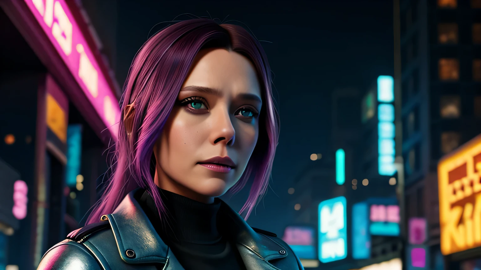 retrato em close de Elizabeth Olsen, arte conceitual detalhada do personagem, inspirado em Magali Villeneuve, realista, retrato de personagem de fantasia, Ciberpunk, motor irreal 5, estilo RPG, trends on artstation, Qualidade da CGSociedade, Fundo Bokeh, foco suave, Lente de 35 mm, jaqueta de couro, textura de couro complexa, Ciberpunk outfit, olhar confiante, Estilo de arte de Alexandra Fomina, ((masterfully crafted Ciberpunk clothes, olhos expressivos, postura forte), fotografia profissional, Dynamic Posture, Texturas de alta fidelidade), cinematic lighting, cores atraentes, volumetric neon lightning, vivid neon lights, cores vivas, close up photo at eye level, High definition, efeitos de alta fidelidade, Octane rendering, arte da nintendo