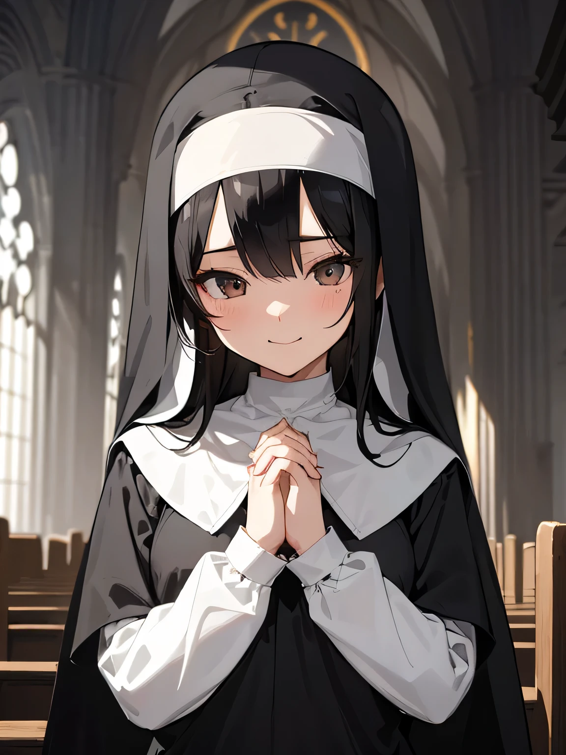 High resolution、Super detailed、cute illustration、(１black haired woman、long straight hair、slender body shape、small breasts、nun)、smile、church with light、Light is shining from behind、look up、(close your eyes)、(Fold your hands in front of your chest)、please kneel down