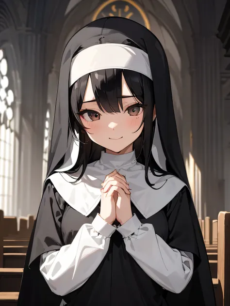 high resolution、super detailed、cute illustration、(１black haired woman、long straight hair、slender body shape、small breasts、nun)、s...