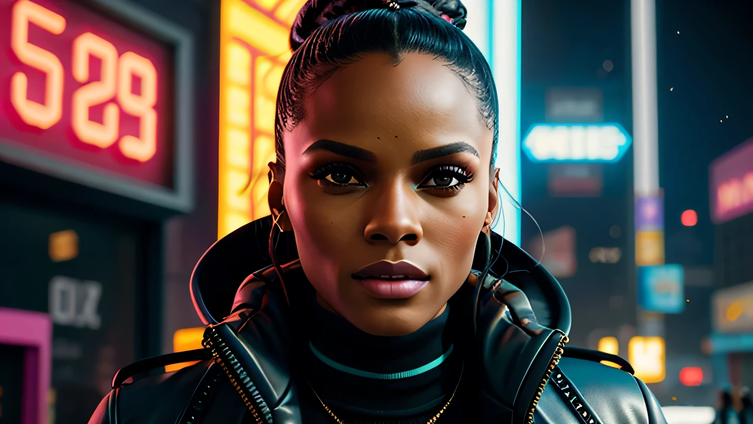 retrato em close de Tika Sumpter, arte conceitual detalhada do personagem, inspirado em Magali Villeneuve, realista, retrato de personagem de fantasia, Ciberpunk, motor irreal 5, estilo RPG, trends on artstation, Qualidade da CGSociedade, Fundo Bokeh, foco suave, Lente de 35 mm, jaqueta de couro, textura de couro complexa, Ciberpunk outfit, olhar confiante, Estilo de arte de Alexandra Fomina, ((masterfully crafted Ciberpunk clothes, olhos expressivos, postura forte), fotografia profissional, Dynamic Posture, Texturas de alta fidelidade), cinematic lighting, cores atraentes, volumetric neon lightning, vivid neon lights, cores vivas, close up photo at eye level, High definition, efeitos de alta fidelidade, Octane rendering, arte da nintendo