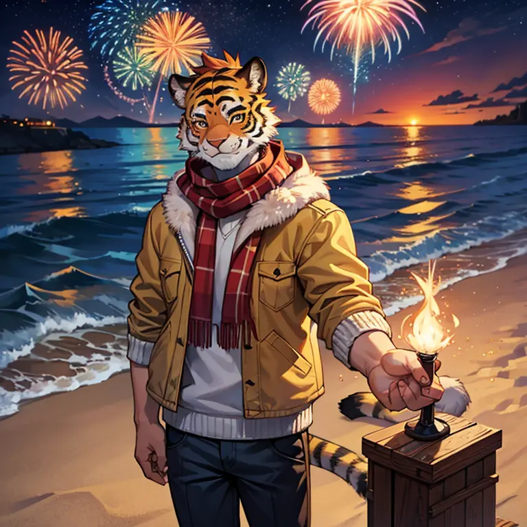 tiger orc，male youth，white fur，smile，jacket，scarf，night，seaside，beach，fireworks