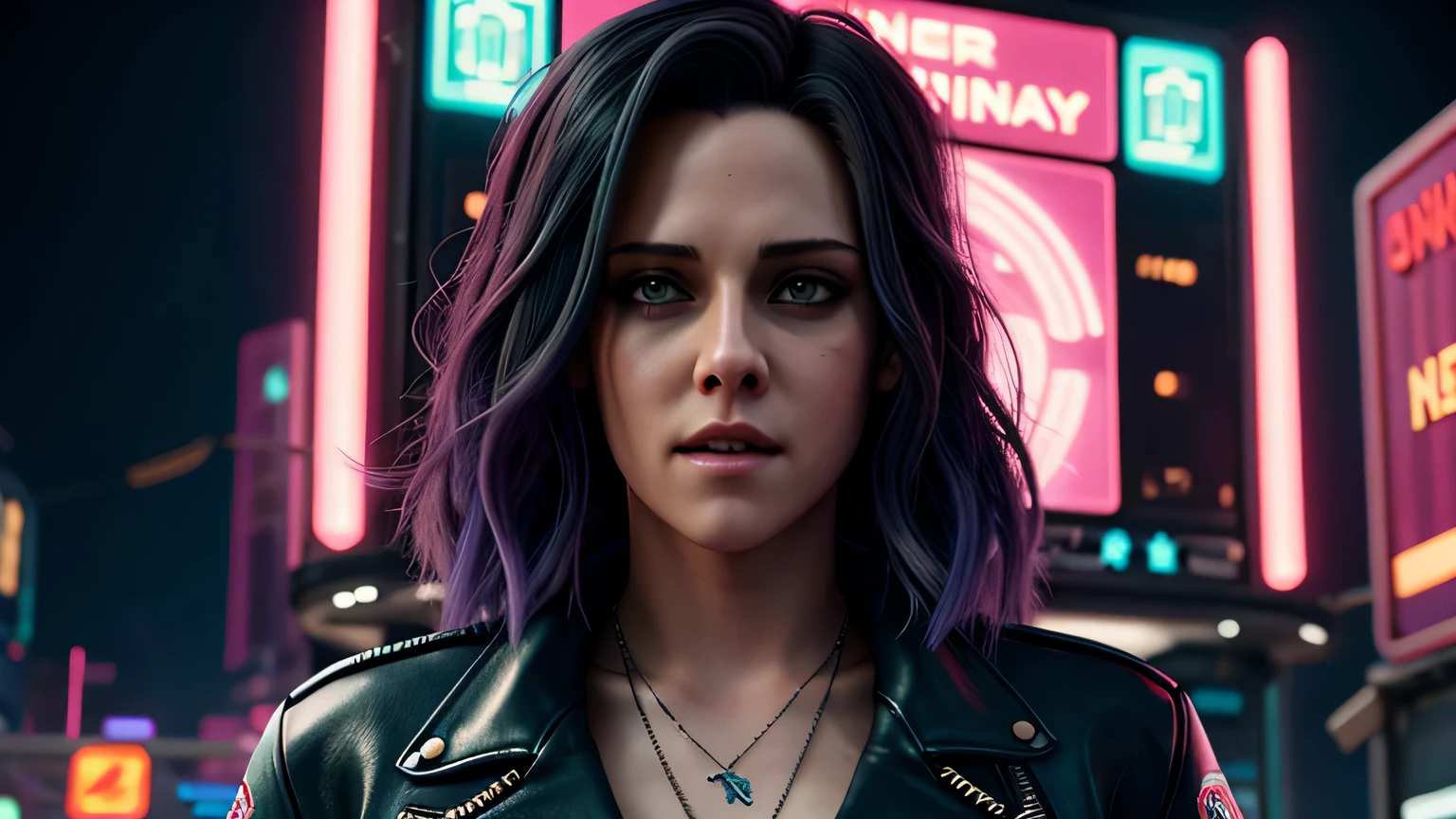 retrato em close de Kristen Stewart, arte conceitual detalhada do personagem, inspirado em Magali Villeneuve, realista, retrato de personagem de fantasia, Ciberpunk, motor irreal 5, estilo RPG, trends on artstation, Qualidade da CGSociedade, Fundo Bokeh, foco suave, Lente de 35 mm, jaqueta de couro, textura de couro complexa, Ciberpunk outfit, olhar confiante, Estilo de arte de Alexandra Fomina, ((masterfully crafted Ciberpunk clothes, olhos expressivos, postura forte), fotografia profissional, Dynamic Posture, Texturas de alta fidelidade), cinematic lighting, cores atraentes, volumetric neon lightning, vivid neon lights, cores vivas, close up photo at eye level, High definition, efeitos de alta fidelidade, Octane rendering, arte da nintendo