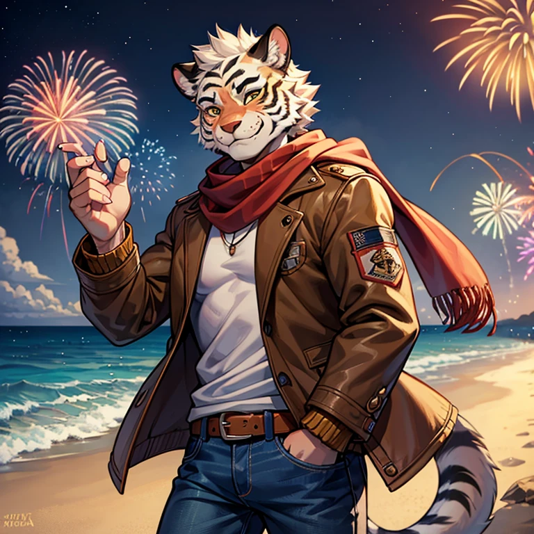 tiger orc，the white tiger，Male youth，Jacket，jeans，scarf，Smile，night，seaside，beach，fireworks