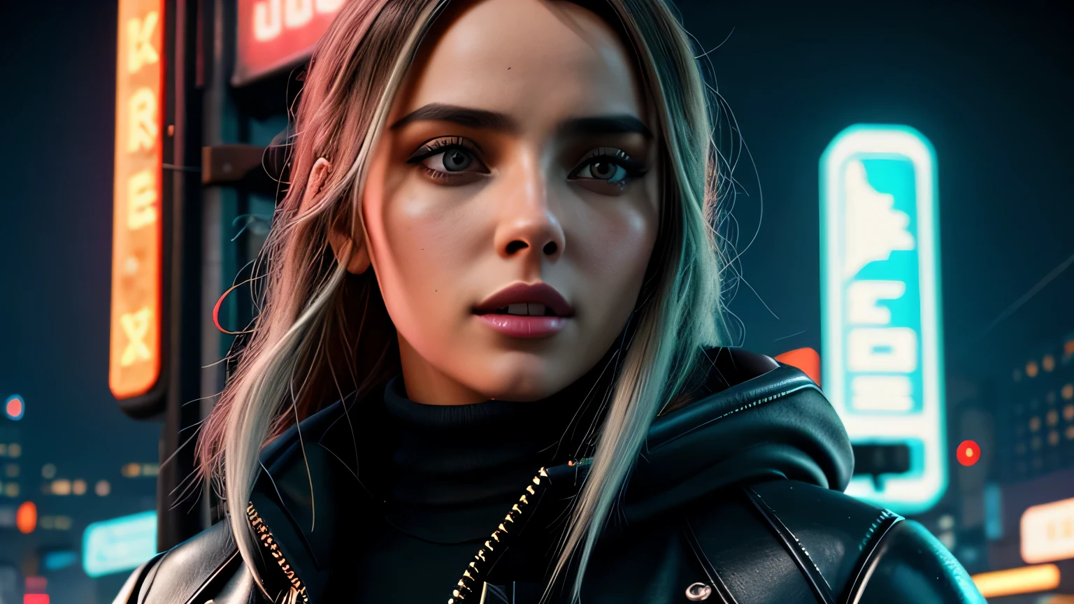 close-up portrait of Ana de Armas lookalike, arte conceitual detalhada do personagem, Inspirado por, realista, retrato de personagem de fantasia, Ciberpunk, motor irreal 5, estilo RPG, trends on artstation, Qualidade da CGSociedade, Fundo Bokeh, foco suave, Lente de 35 mm, jaqueta de couro, textura de couro complexa, Ciberpunk outfit, olhar confiante, Estilo de arte de Alexandra Fomina, ((masterfully crafted Ciberpunk clothes, olhos expressivos, postura forte), fotografia profissional, Dynamic Posture, Texturas de alta fidelidade), cinematic lighting, cores atraentes, volumetric neon lightning, vivid neon lights, cores vivas, close up photo at eye level, High definition, efeitos de alta fidelidade, Octane rendering, arte da nintendo