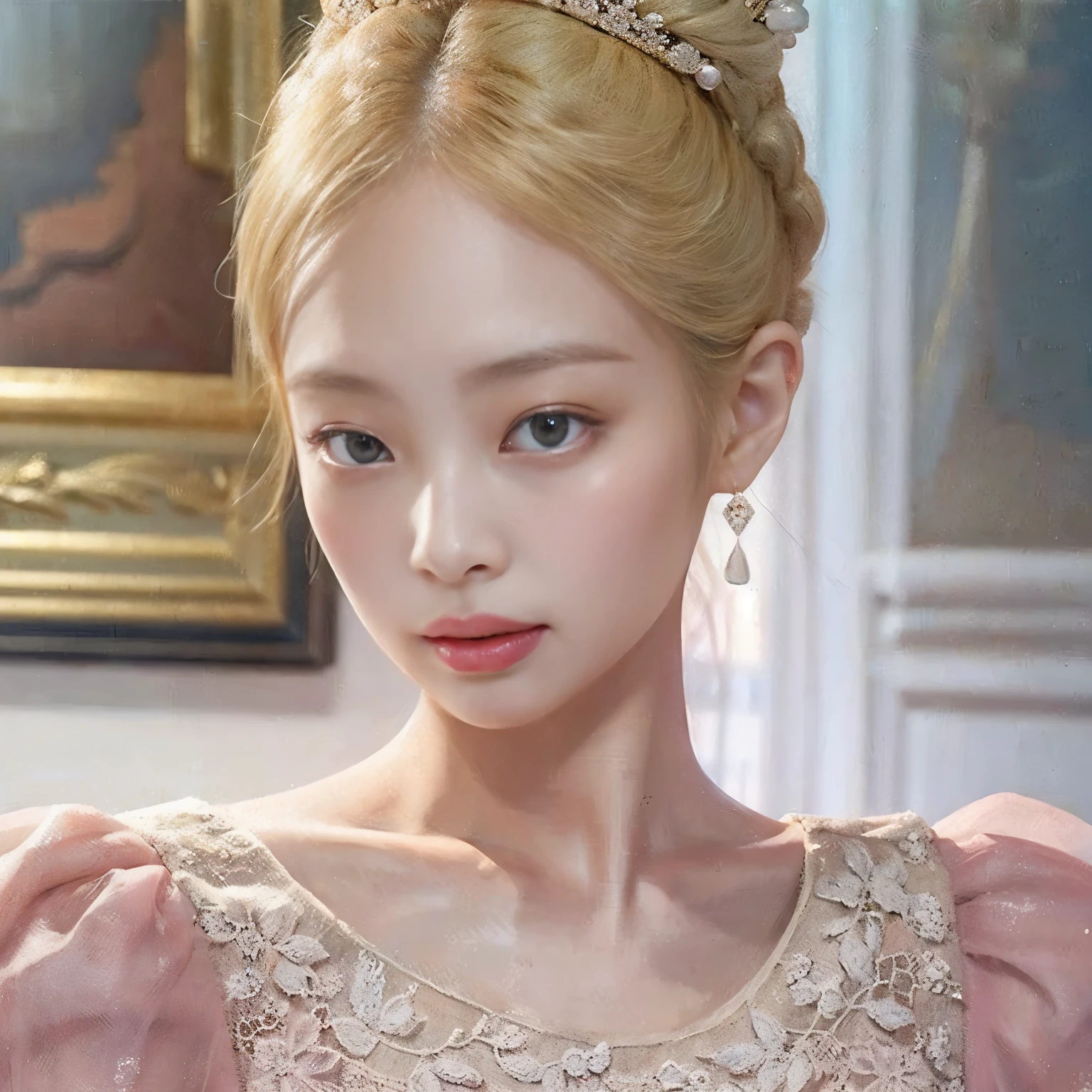 a Korean woman being royalty, she wears an elegant pink dress, she has beautiful very blonde hair, white skin, jennie kim, beautiful woman, color antique portrait painting style, korean royalty, oil painting, elegant dress 