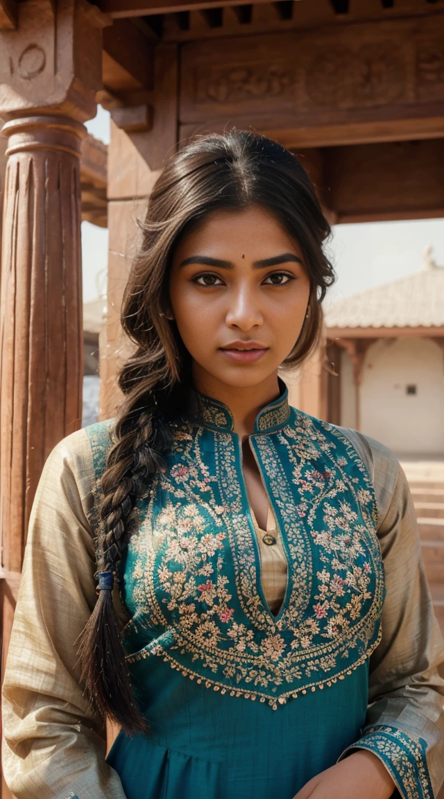 ultra-realistic photographs,Indian Instagram female model,mid 20s,9:16,mid-shot,beautiful detailed eyes,detailed lips,long eyelashes,black braided hair, naturally full eyebrows,perfectly formed nose,expressive face,attractive appearance,candid photo,vibrant and colorful salwar-kameez dress, heavily embroidered dress, temple background, serene atmosphere,stunning architecture,soft and natural lighting,vivid colors,photorealistic,HDR,highres,studio lighting,ultra-detailed,bokeh,fully covered clothes