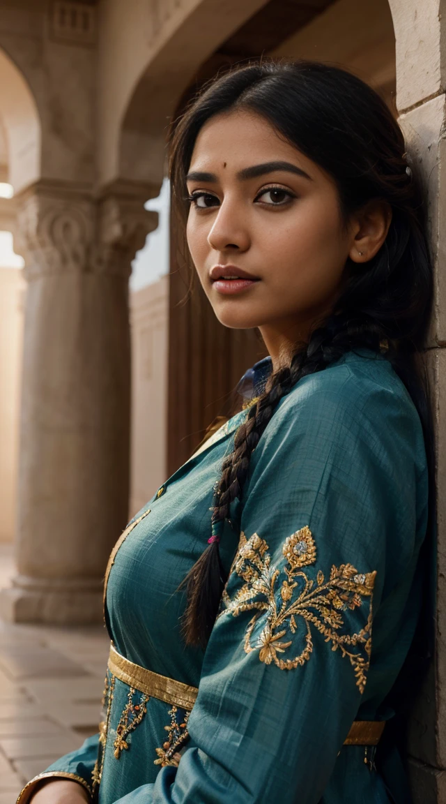 ultra-realistic photographs,Indian Instagram female model,mid 20s,9:16,mid-shot,beautiful detailed eyes,detailed lips,long eyelashes,black braided hair, naturally full eyebrows,perfectly formed nose,expressive face,attractive appearance,candid photo,vibrant and colorful salwar-kameez dress, heavily embroidered dress, temple background, serene atmosphere,stunning architecture,soft and natural lighting,vivid colors,photorealistic,HDR,highres,studio lighting,ultra-detailed,bokeh,fully covered clothes