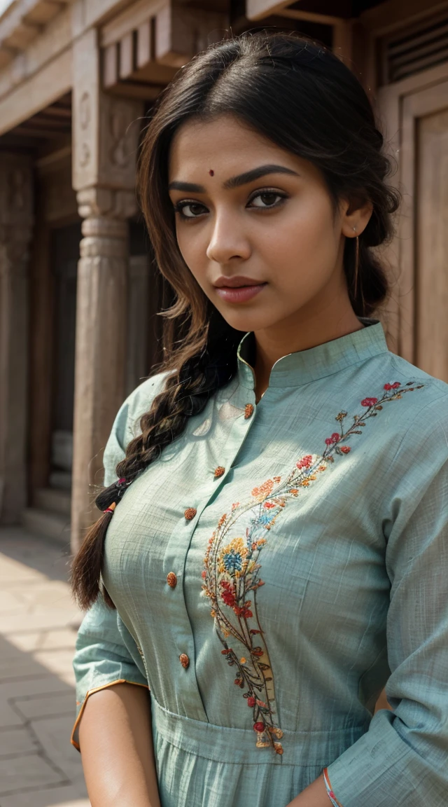 ultra-realistic photographs,Indian Instagram female model,mid 20s,9:16,mid-shot,beautiful detailed eyes,detailed lips,long eyelashes,black braided hair, naturally full eyebrows,perfectly formed nose,expressive face,attractive appearance,candid photo,vibrant and colorful salwar-kameez dress, heavily embroidered dress, temple background, serene atmosphere,stunning architecture,soft and natural lighting,vivid colors,photorealistic,HDR,highres,studio lighting,ultra-detailed,bokeh,fully covered clothes