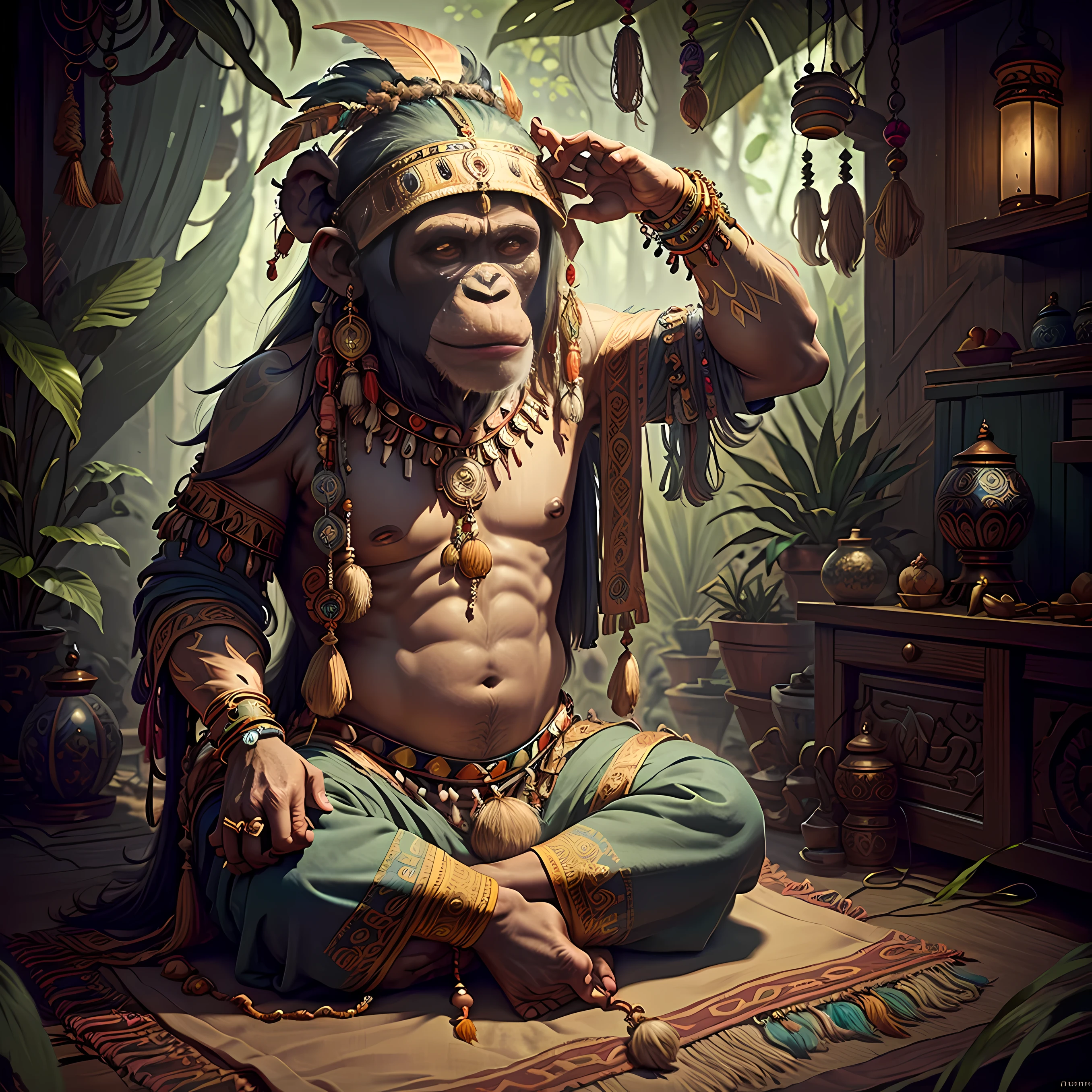 Chimpanzee ((Indian Shaman)),,((meditative state),,Shaman, elegant chimpanzee, hair with details, with Indian headdress on head, ((meditating)) many colorful feathers, colorful feathers, facing the camera, detail: dense tropical foliage, highly detailed intricate, ((masterpiece)), ultra hyperrealistic, masterpiece