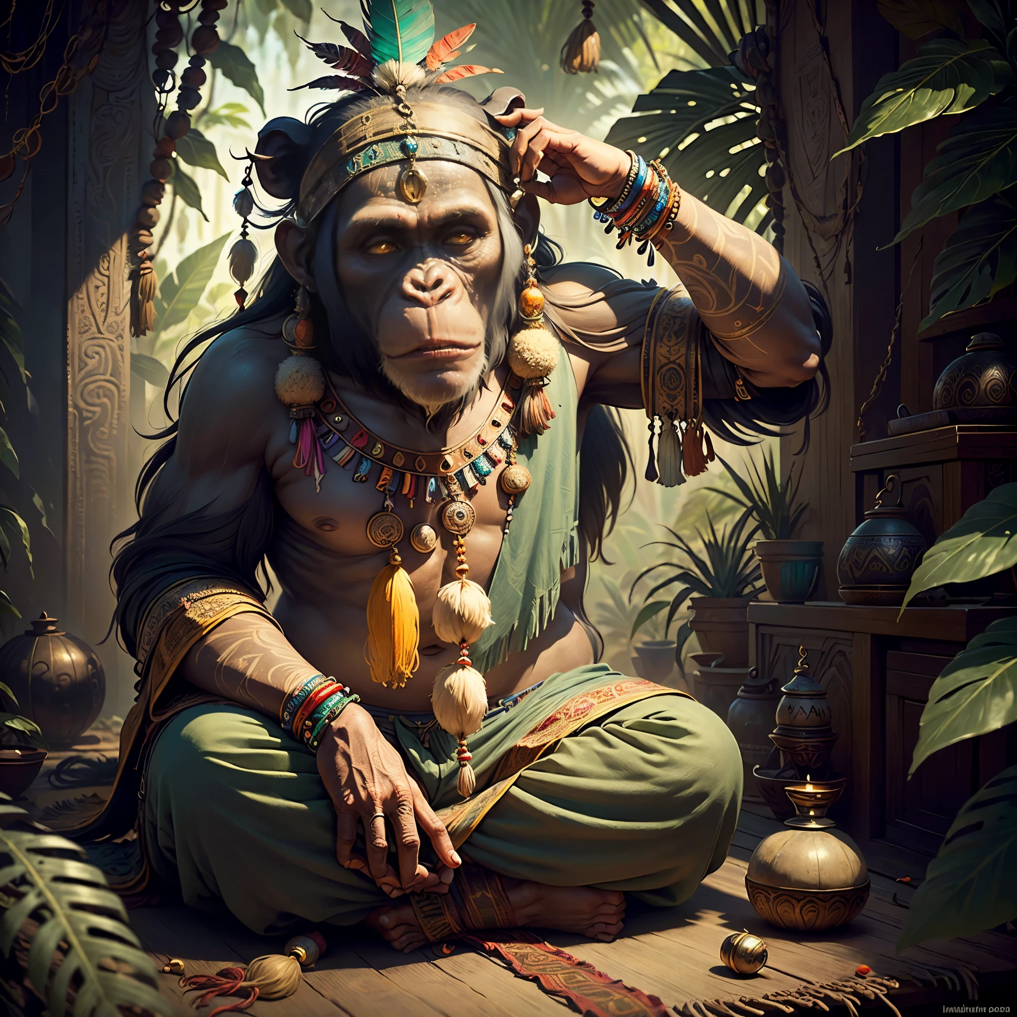 chimpancé ((Indian chamán)),,((estado meditativo),,chamán, chimpancé elegante, hair with detalles, con tocado indio en la cabeza, ((Meditando)) many plumas de colores, plumas de colores, Frente a la cámara, detalle: follaje tropical denso, highly detalleed intricate, ((obra maestra)), ultra hyperrealistic, obra maestra