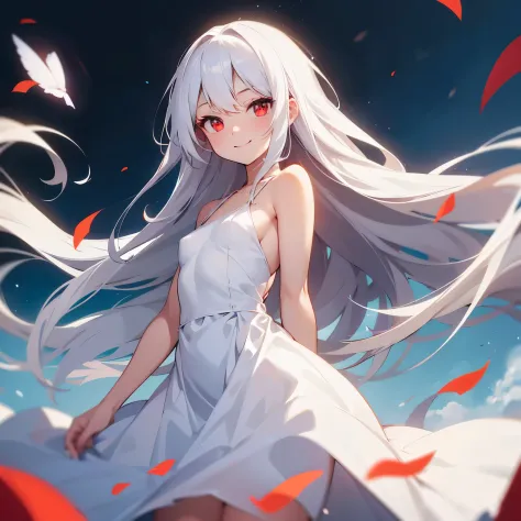 small breasts, white hair, red eyes, no background, white dress, long hair, smile, portrait, Hands down, looking at the viewer, hair does not flutter in the wind