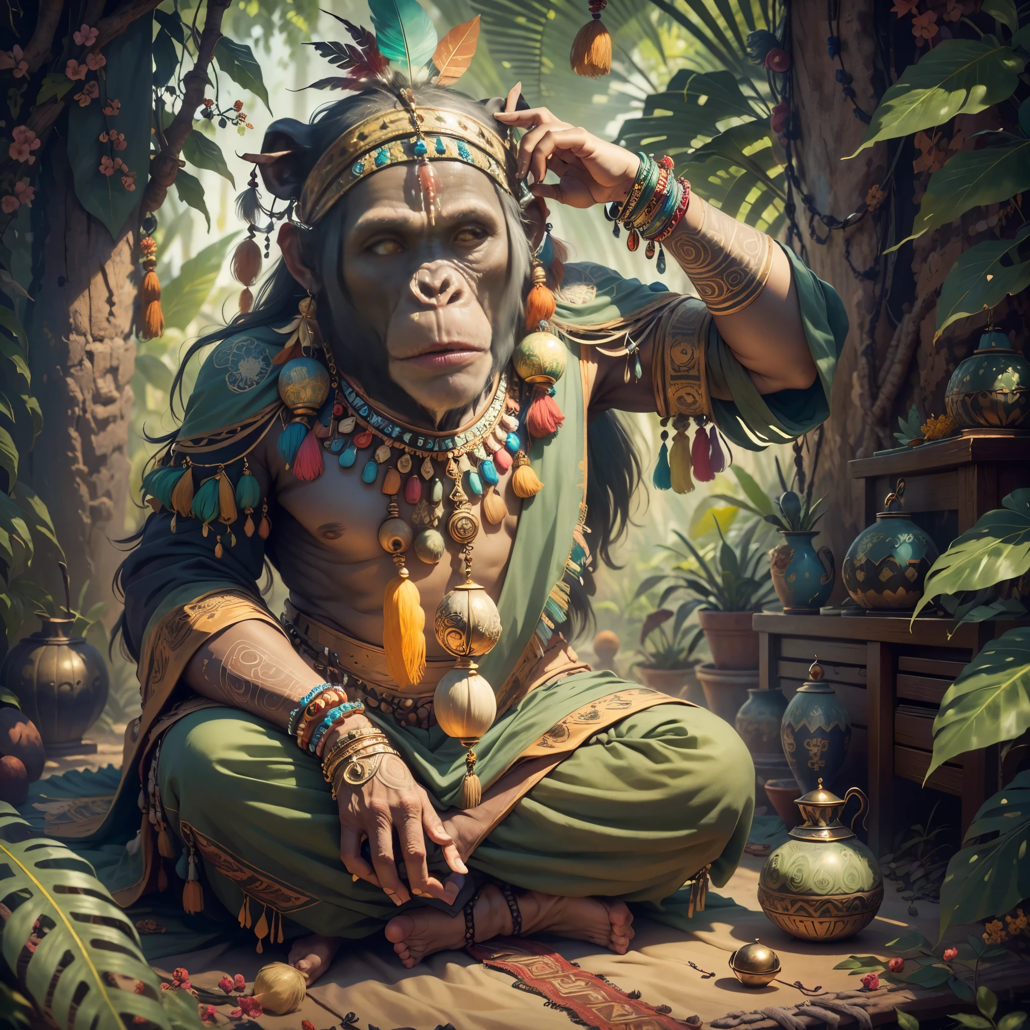 chimpancé ((Indian chamán)),,((estado meditativo),,chamán, chimpancé elegante, hair with detalles, con tocado indio en la cabeza, ((Meditando)) many plumas de colores, plumas de colores, Frente a la cámara, detalle: follaje tropical denso, highly detalleed intricate, ((obra maestra)), ultra hyperrealistic, obra maestra