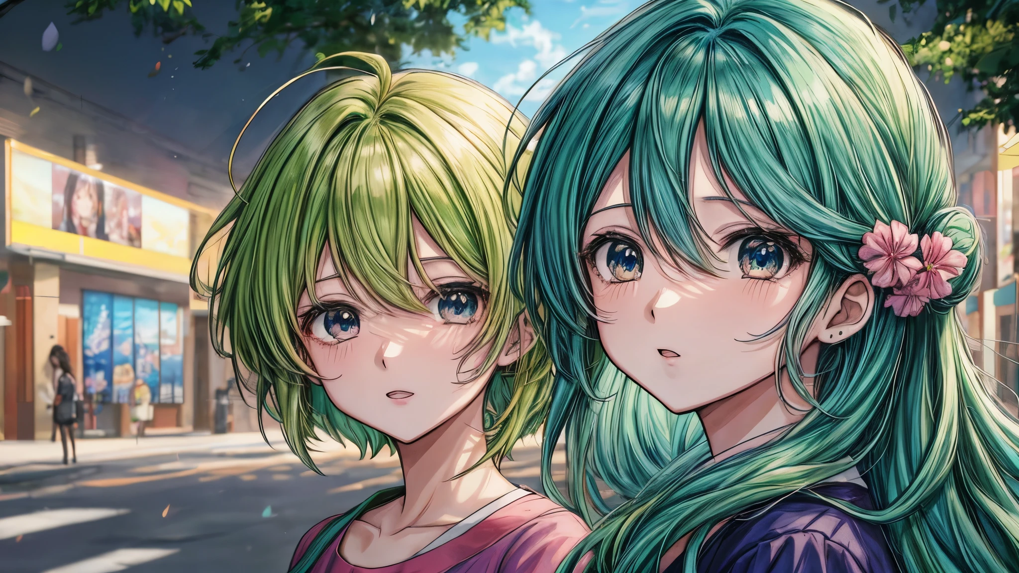 Two anime girls with green hair and blue eyes standing in front of a  building - SeaArt AI