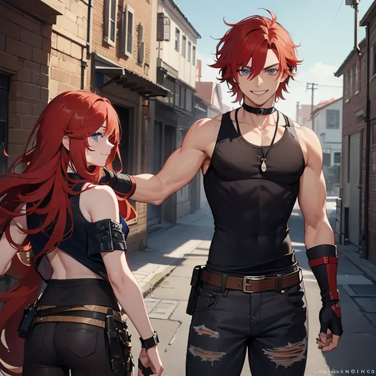 ((1 man, messy red hair, blue eyes)),((with a black tank top, ripped brown pants)),((with a belt, black fingerless gloves)),((wi...