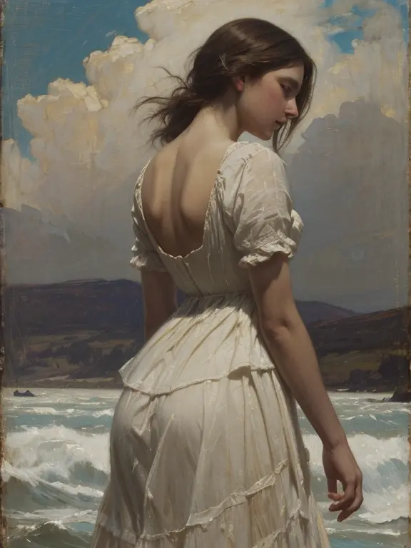((in the style of jeremy lipking)) ((in the style of nicola samori)) women, white dress, back, sky, ((very windy)) river