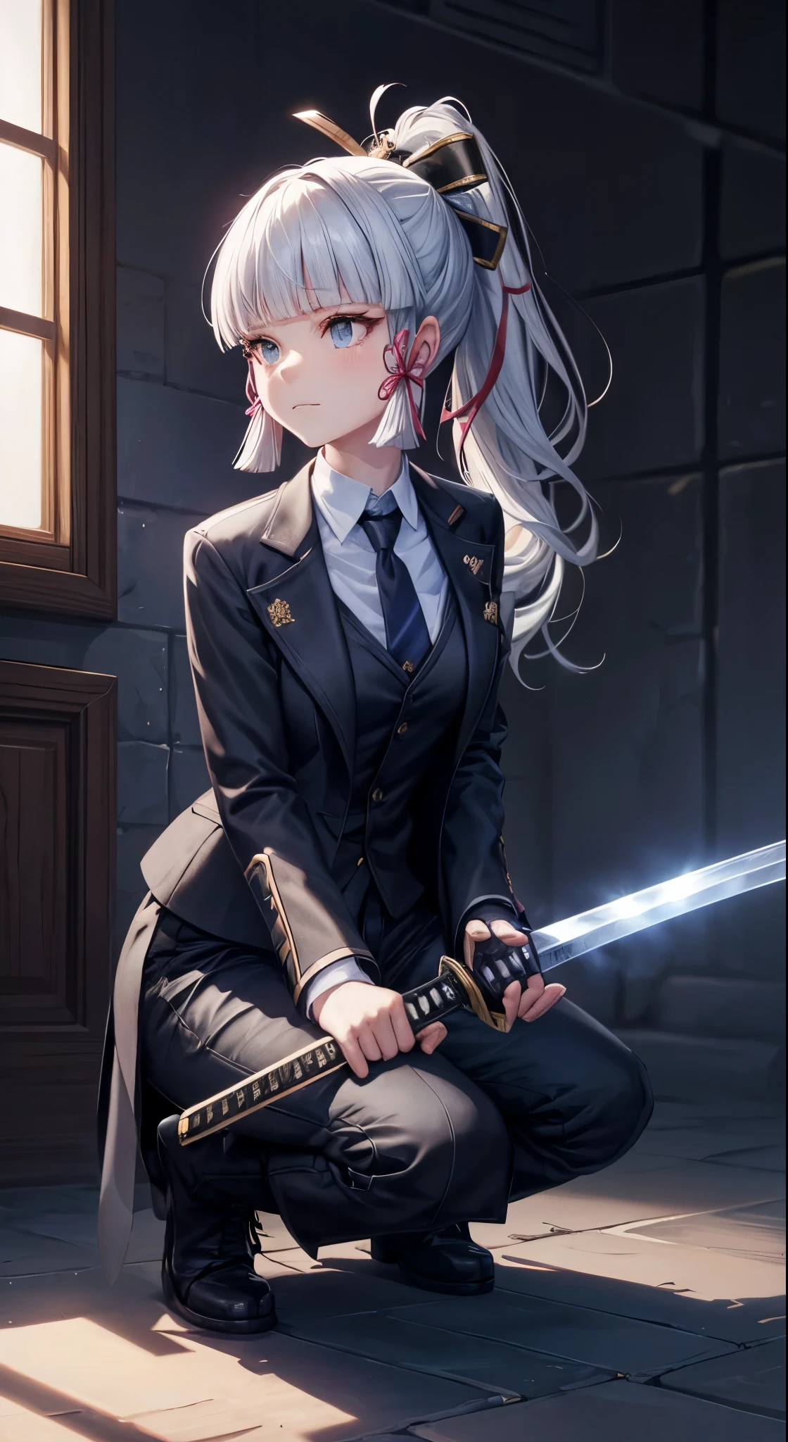 1girl, alternate costume, bangs, blunt bangs, boots, closed mouth, collared shirt, formal, greyscale, hair ribbon, holding, holding sword, holding weapon, jacket, kamisato ayaka, katana, long hair, long sleeves, monochrome, necktie, one knee, pants, ponytail, ready to draw, ribbon, sheath, sheathed, shirt, sidelocks, solo, suit, sword, tress ribbon, weapon