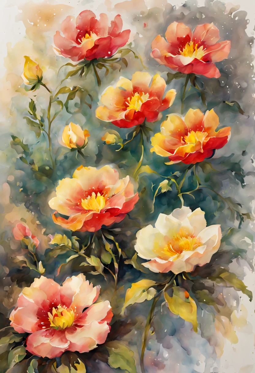 (best quality, highres, ultra-detailed, realistic:1.37), watercolor painting of vibrant flowers, delicate brushstrokes, intricate floral patterns and details, vivid and rich colors, soft and translucent layers, peaceful and natural atmosphere, subtle blending of hues, varied petal shapes and sizes, droplets of water on petals, intricate leaf veins, realistic watercolor texture, subtle interplay of light and shadow, graceful and flowing composition, gentle brushwork, detailed and accurate depiction of flower anatomy, lifelike depth and dimension, elegant and organic forms, ethereal and dreamy quality, serene and calming ambiance, expertly captured delicacy of petals, natural-looking translucency, blooming flowers in a garden, fresh and fragrant floral bouquet, joyous celebration of nature's beauty, artistic interpretation of botanical wonders