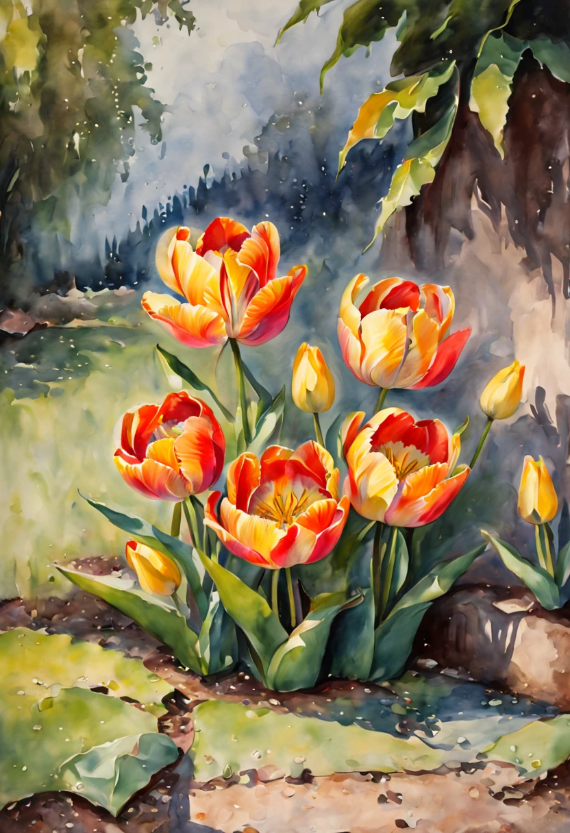 (a watercolor painting,artwork,tulips),(beautiful,detailed,realistic:1.37),(vibrant colors,soft blending,delicate strokes),(floral,botanical,still life),(nature,flowers,spring), (dewdrops,garden,painting techniques),(subtle shadows,light and shade),(high-res,ultra-detailed),(fine art,masterpiece)