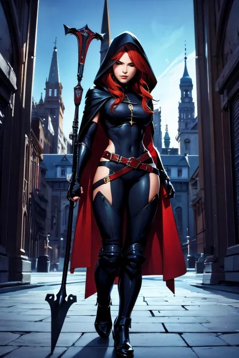 1 red hair girl Magdalena wearing black hood and black suit, holding spear, city night background, digital art, comic book style, best quality, masterpiece, full body