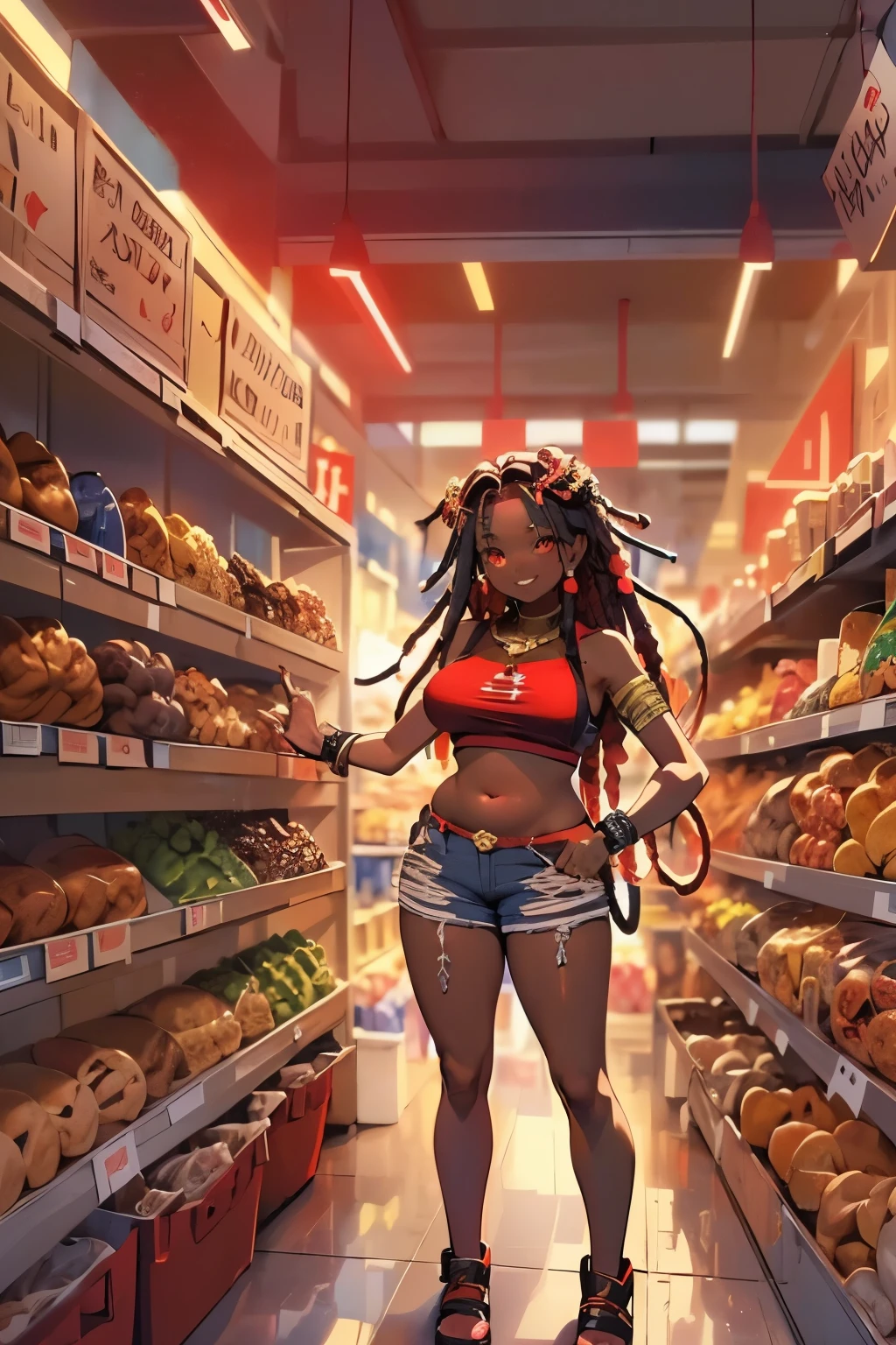 NSFW, 1girl, official anime art illustration, gilded jeweled circlet, long black and red dreadlocks, red eyes, (tall plump dark-skinned Haitian girl inside grocery store bakery aisle), small breasts, sheer tight detailed red crop top, short ripped tight jean shorts, thick thighs, playing with hair, wink and smile expression, perfectly photorealistic, incredibly detailed, 8k, UHD, masterpiece, best quality, ultra detailed, intricate,