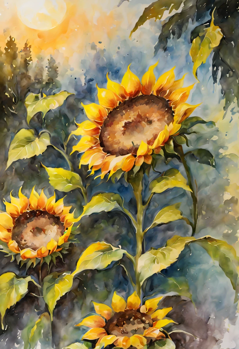 (beste Qualität,4k,8k,highres,Meisterwerk:1.2),ultra-detailliert,Aquarellmalerei von Sonnenblumen, leuchtende Farben, zarte Pinselstriche, Realistisches Sonnenlicht, feine Details, Sonnenblumen in voller Blüte, anmutige Blütenblätter, komplizierte Muster, strukturierte Blätter und Stängel, sanfte Streicheleinheiten, künstlerische Komposition