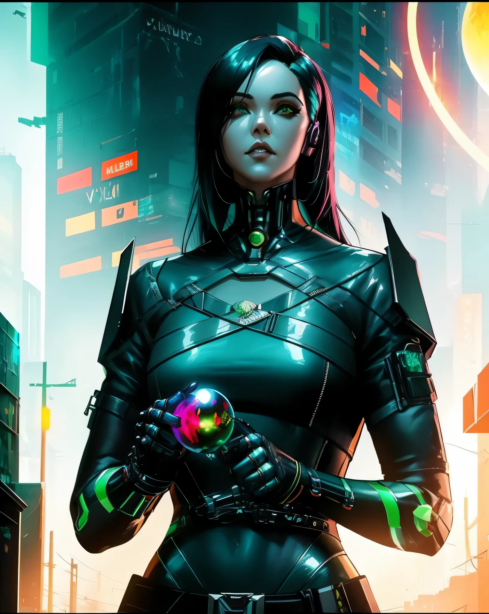 arafed image of a woman with a green orb in her hand, katana zero video game character, villainess, dark cyberpunk illustration, epic sci-fi character art, epic sci - fi character art, character splash art, artgerm julie bell beeple, cyberpunk assassin, holy cyborg necromancer girl, jet black haired cyberpunk girl