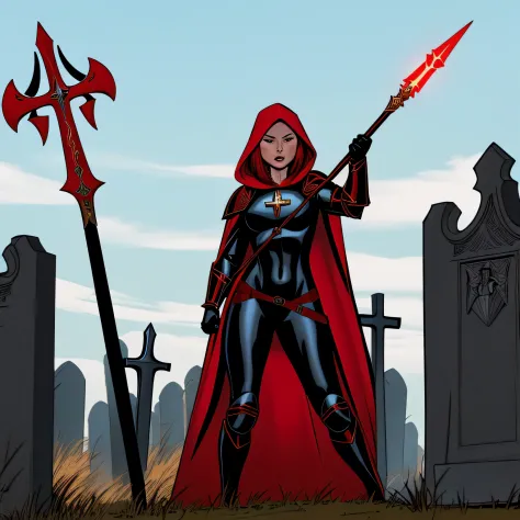 1 woman red hair, wearing hood, wearing holy armor, black bodysuit bare belly, best quality, 8k, comic book style, magdalena, holding spear gracefully, full body, on top of graveyard background
