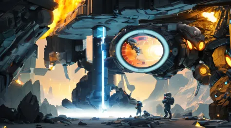 there are two astronauts standing in front of a clock in a cave, mark zuckerberg as a robot, depicted as a scifi scene, portal!! game valve style, scifi robot repair workshop, portal game 9 9 9 9 9 valve, portal game valve, official screenshot, portal in s...