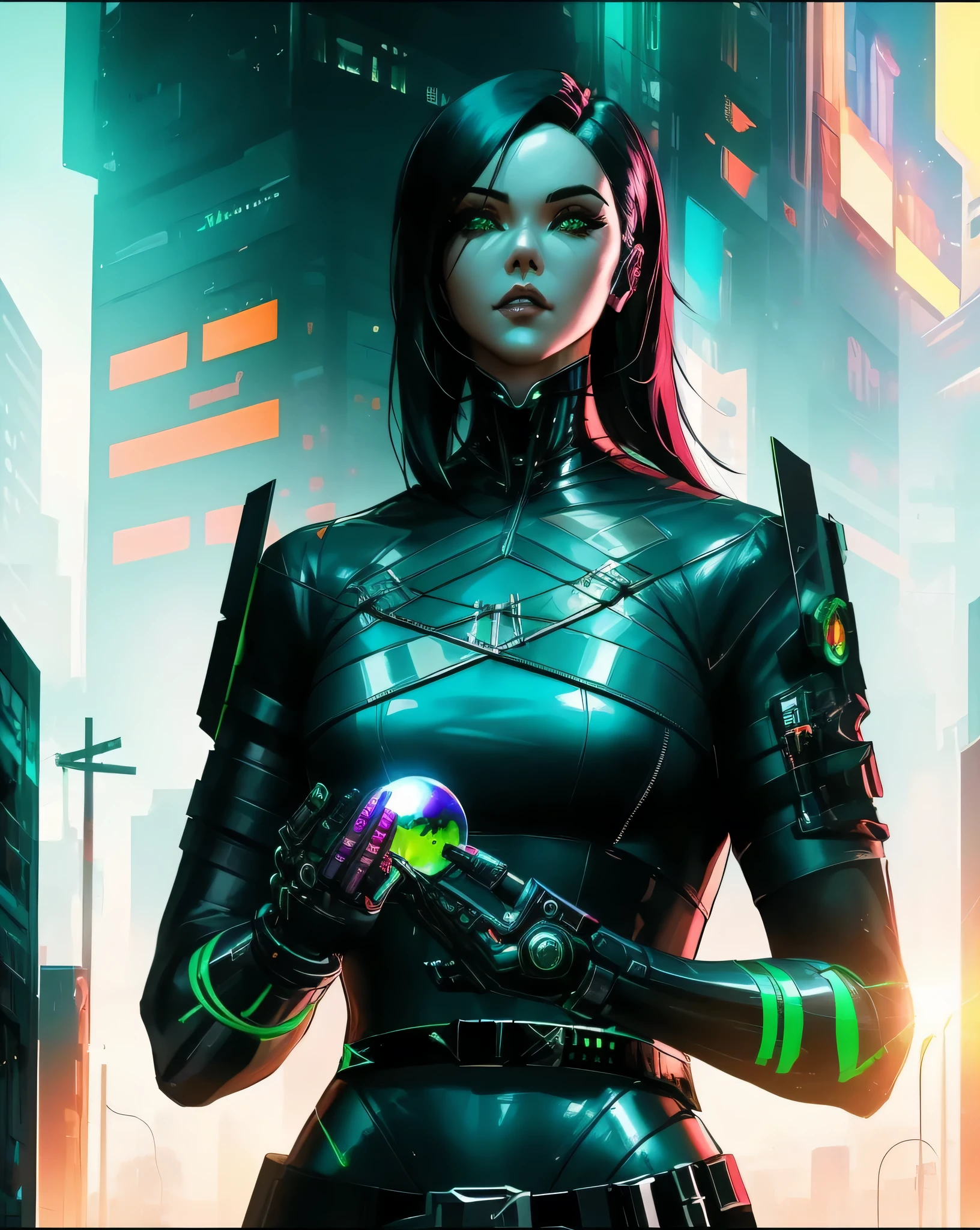 arafed image of a woman with a green orb in her hand, katana zero video game character, villainess, dark cyberpunk illustration, epic sci-fi character art, epic sci - fi character art, character splash art, artgerm julie bell beeple, cyberpunk assassin, holy cyborg necromancer girl, jet black haired cyberpunk girl