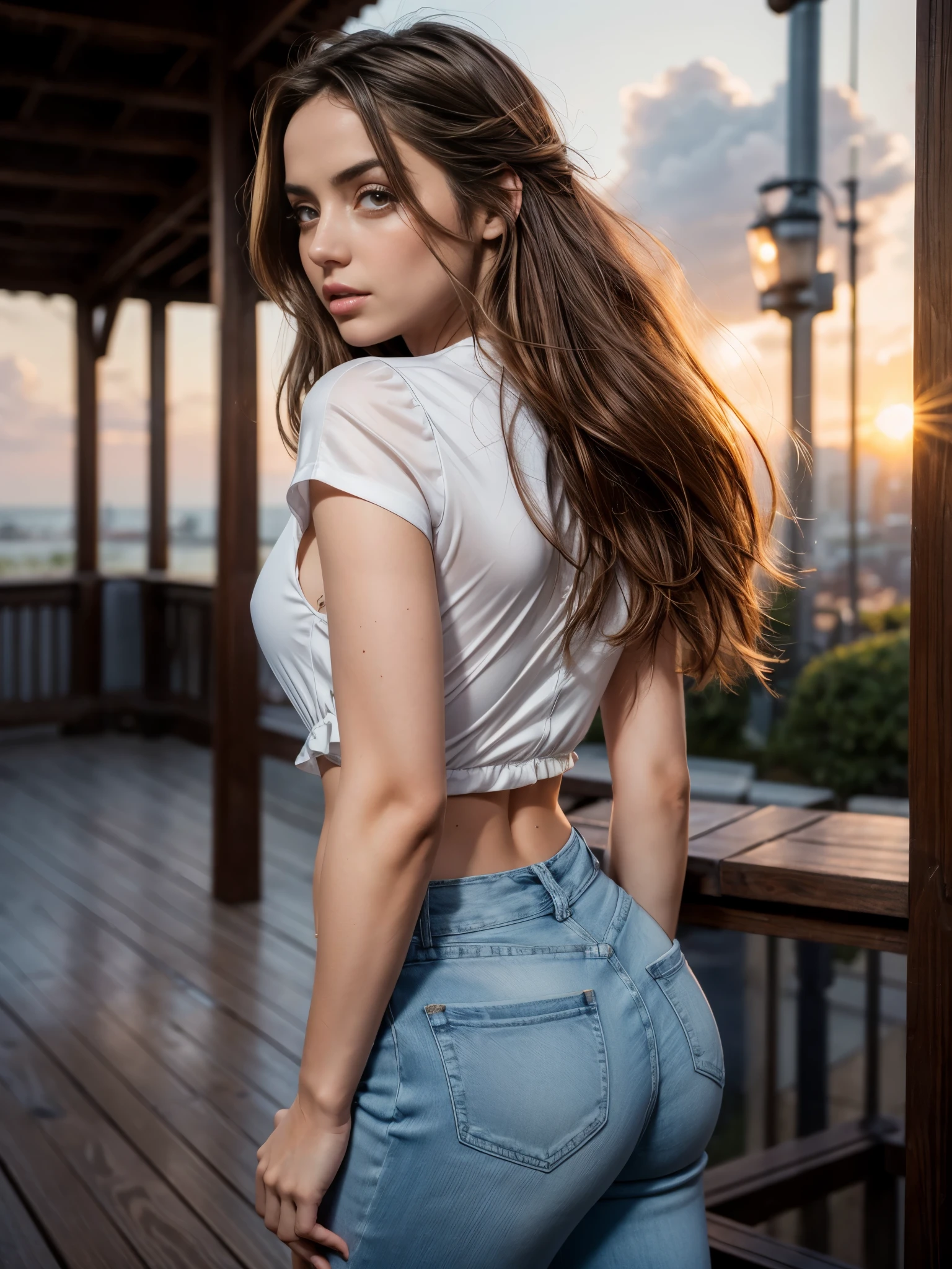 full length photoshoot, sexy woman (Ana de Armas), long curly brown hair, gorgeous eyes, high arched eyebrows, seductive look, white low-cut silk shirt, blue fitted jeans, stilettos, sunset modern metropolis, spot lighting, backlight on hair, shallow depth of field, homogeneous background