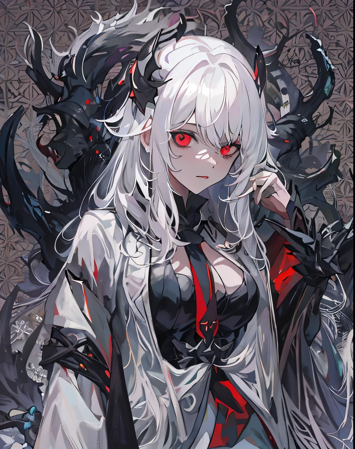 a girl，alone，masterpiece，best quality，white hair，white hair，white hair，red eyes，Blackening，dark，cypress scraper，shadow thing，douchebag，sneering，overlooking，Black shadow，Black viscous liquid，gloomy，Black belly，steady，barefoot