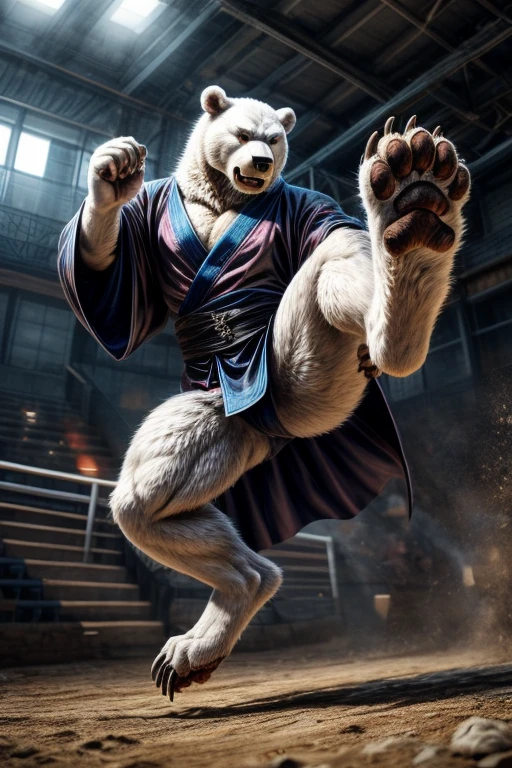 A fierce ice bear ninja in a black kimono, performs a powerful kick. The detailed rendering of his bare feet, complete with sharp claws and white fur, adds to the intensity of the image. The full figure of the ninja is depicted in a dynamic pose, showcasing his strength and agility., ccurate, anatomically correct, super detail, nice big paws with pawpads