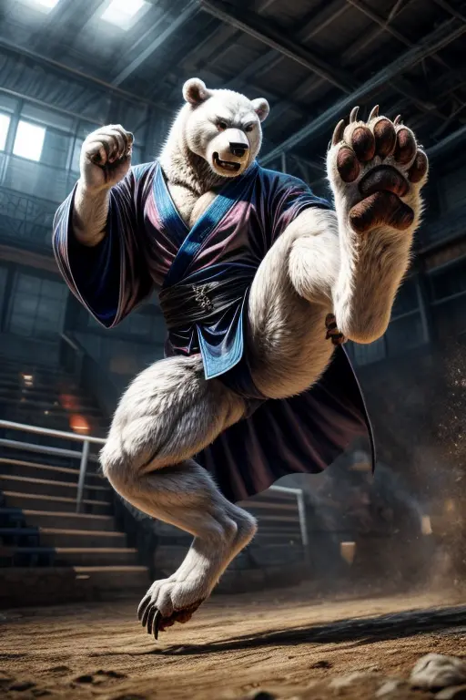 A fierce ice bear ninja in a black kimono, performs a powerful kick. The detailed rendering of his bare feet, complete with shar...