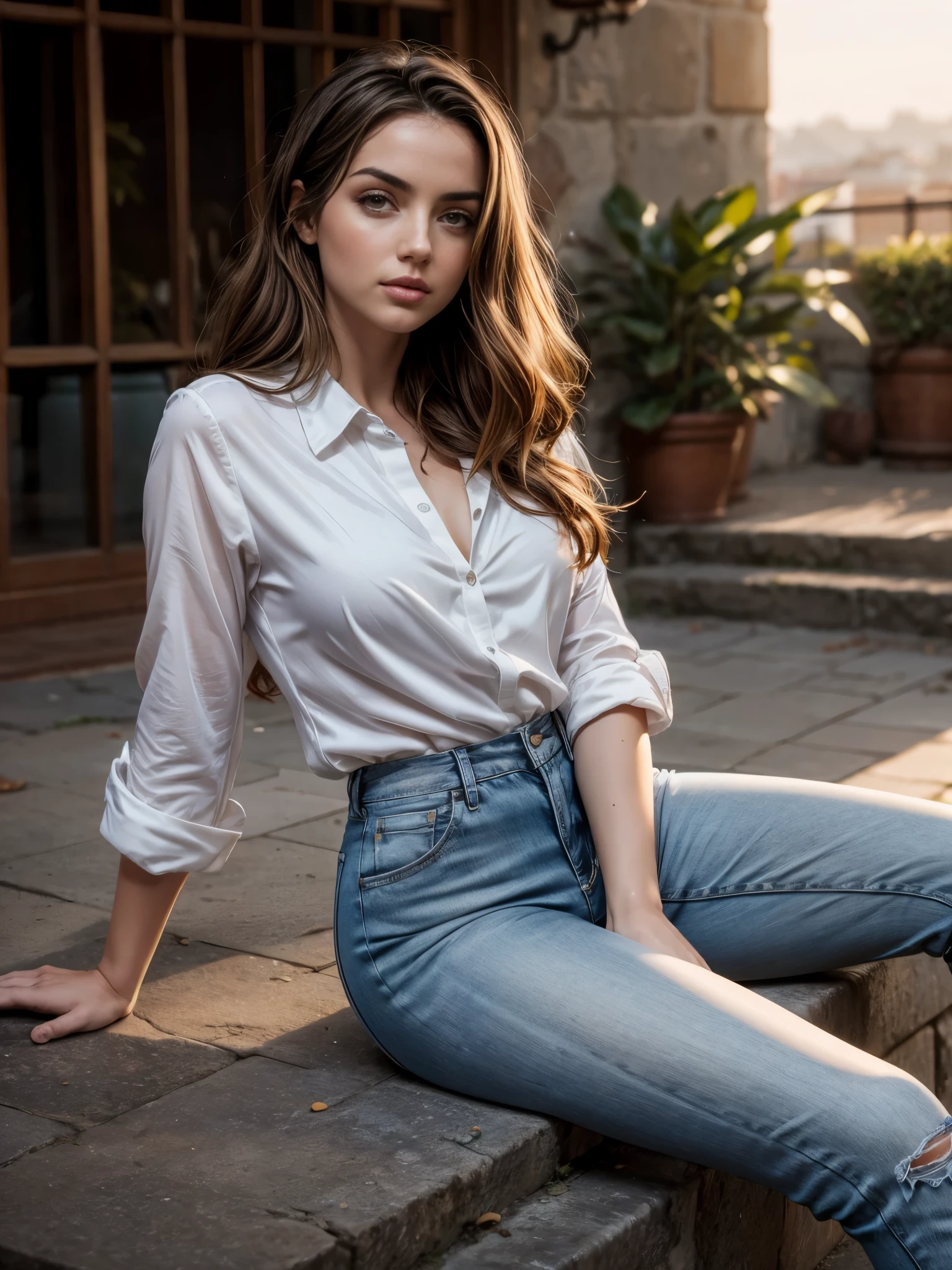 sessão fotográfica completa, Mulher sexy (Ana de Armas), cabelo castanho longo e encaracolado, olhos lindos, sobrancelhas altas e arqueadas, olhar sedutor, camisa branca de seda decotada, calça jeans azul, stilettos, Pôr do sol metrópole moderna, iluminação pontual, luz de fundo no cabelo, Profundidade superficial de campo, fundo homogêneo