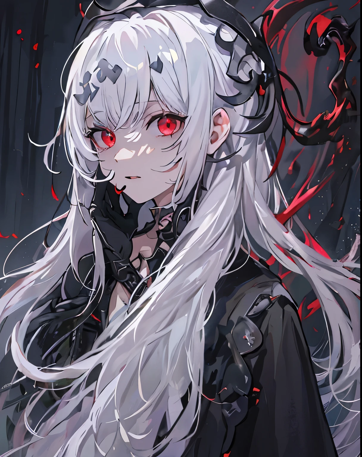 a girl，alone，masterpiece，best quality，white hair，white hair，white hair，red eyes，Blackening，dark，cypress scraper，shadow thing，douchebag，sneering，overlooking，Black shadow，Black viscous liquid，gloomy，Black belly，steady，Barefoot Cthulhu，Face mask，black slime，Compound，Large mouth of blood，，cloak，tentacle，girl，snake，，masterpiece, best quality, best quality,Astonishing,Beautiful Red eyes,fine details,depth of field,Extremely detailed CG unified 8k wallpaper, masterpiece,(((dark white hair))),leader,(shadowy mist),{flowing hair},{thick skull},(Ruins of beautiful details),{Character close-up},(((whole body))),(The skin is smooth and shiny),(Smooth face、Radiant hair),perfect details,Beautifully gorgeous necklace,