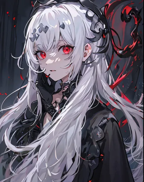 a girl，alone，masterpiece，best quality，white hair，white hair，white hair，red eyes，Blackening，dark，cypress scraper，shadow thing，dou...