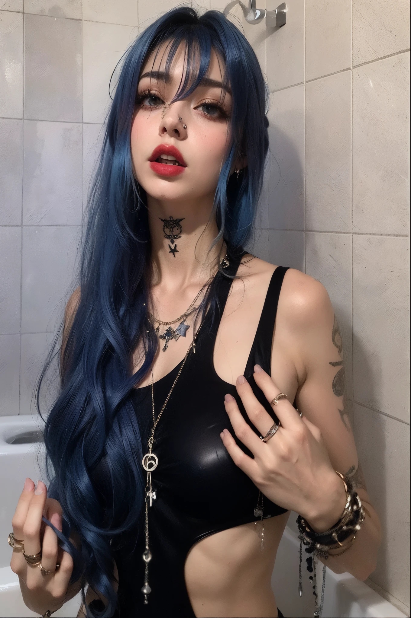 A close up of a woman with blue hair wearing a black top - SeaArt AI