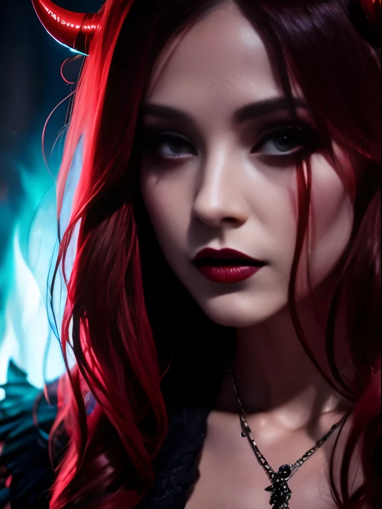 Create a vivid and chilling depiction of a soul-sucking, extraordinarily beautiful demon woman. Explore the sinister allure in her presence, blending the supernatural elements of her demonic nature with the mesmerizing charm that captivates those unfortunate enough to cross her path