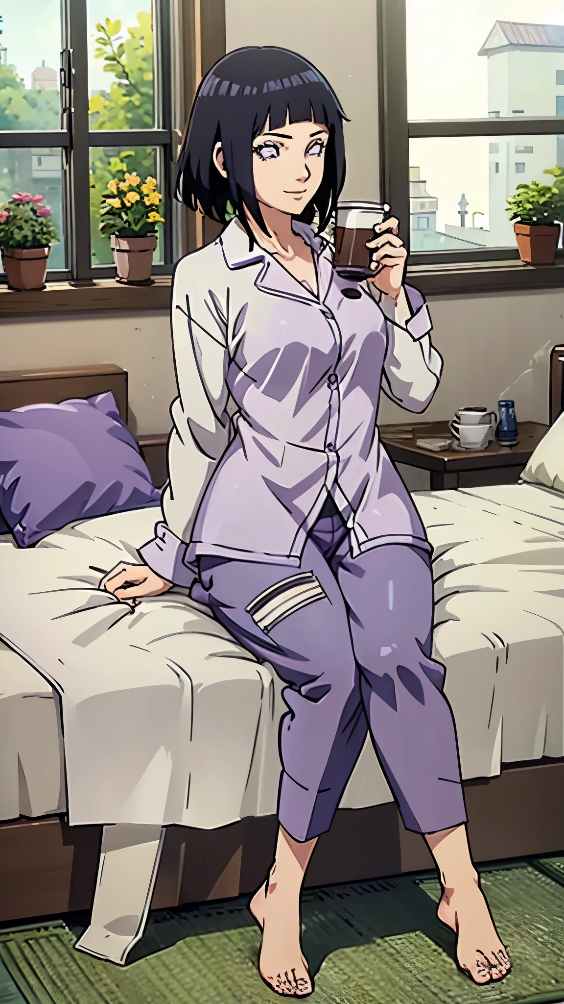 masterpiece, detailed, HinataHyuga, 1girl, black hair, short hair, purple eyes, sitting on a bed, no clothes on, wearing pajamas, drinking coffee, sleepy face, stretches, smiling, warm sunlight from windows