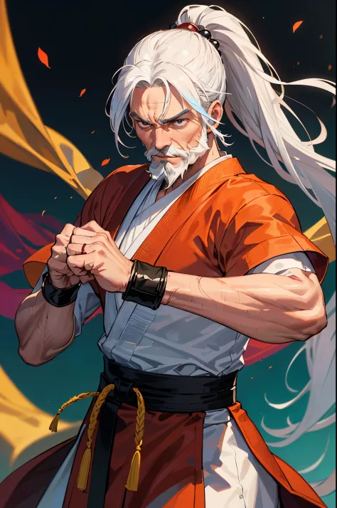 (a man, martial artist, monk, pugilist, clenched fists:1.2, pure white hair, ponytail, beard, colorful dark fantasy),(prayer bea...