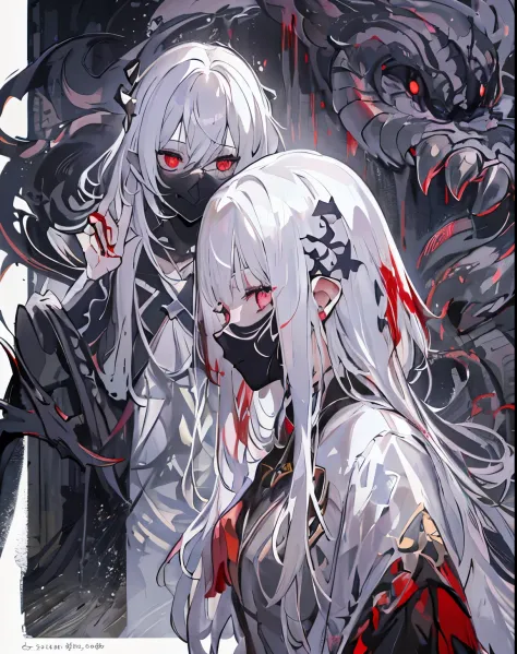 a girl，alone，masterpiece，best quality，white hair，white hair，white hair，red eyes，Blackening，dark，cypress scraper，shadow thing，douchebag，sneering，overlooking，Black shadow，Black viscous liquid，gloomy，Black belly，steady，Barefoot Cthulhu，Face mask，black slime，C...