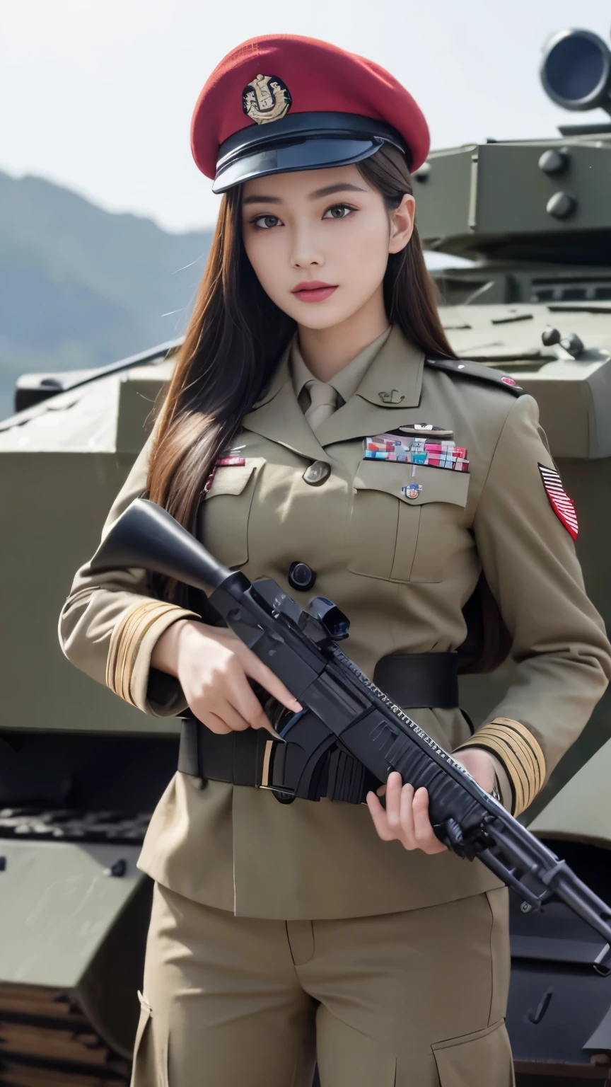 ((Best Quality, 8k, Masterpiece:1.3)), Focus:1.2, Perfect Body Beauty:1.4, ((Delicate Hair)), (Military Uniform:1.1), (Red Beret Army: 1.1), (Firearms: 1.1), (Soldier Uniform: 1.1), Military Coat: 1.1) Highly detailed face and skin texture, Detailed eyes, Double eyelids, whitening skin, Big breasts, smile, in the jungle, super detailed face, super detailed eyes, super detailed, hands, super detailed fingers, super detailed body, super fine body, super fine face, super fine eyes, super fine fingers, super fine hands, super fine foots, Holding firearms, rifle, Soldier, Perfect Soldier, weapon, rifle, special force, military, Super detailed firearms, Super Detailed Military Coat, Army, Super fine firearms, Super detailed Beret, Super detailed firearms, Super realistic firearms, super detailed rifle, super realistic, muscular, female soldier, Commissioned Officer, high ranking officer, general rank, with a view of the self-propelled artillery behind her, Super Detailed red beret, realistic view, perfect lighting, military vehicle, army beret, candid