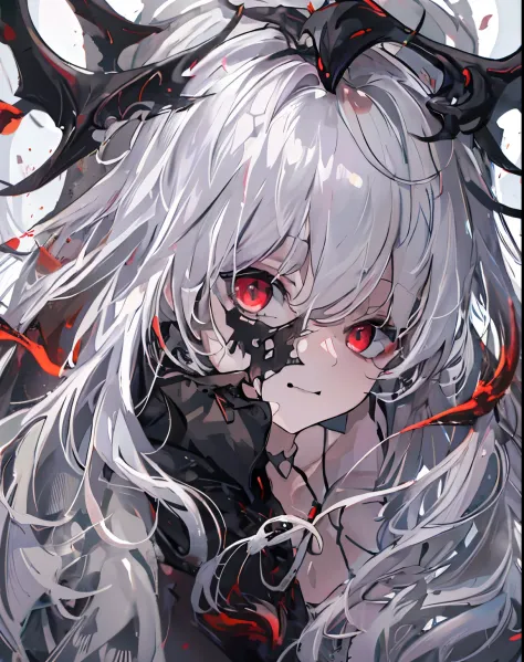 a girl，alone，masterpiece，best quality，white hair，white hair，white hair，red eyes，Blackening，dark，cypress scraper，shadow thing，douchebag，sneering，overlooking，Black shadow，Black viscous liquid，gloomy，Black belly，steady，Barefoot Cthulhu，Face mask，black slime，C...