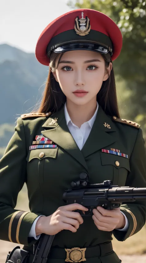 ((Best Quality, 8k, Masterpiece:1.3)), Focus:1.2, Perfect Body Beauty:1.4, ((Delicate Hair)), (Military Uniform:1.1), (Red Beret...